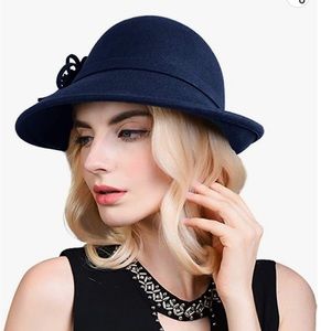 1920’s Cloche/Church Bowler hat w/flower detail.  100% Navy Wool, Feminine, NWT